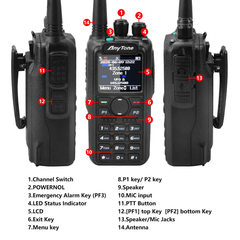 AnyTone AT-D878UVII Plus Dual Band Bluetooth PTT Digital/Analog APRS RX & TX AES256 Ecryption USB-C Charge Walkie Talkie