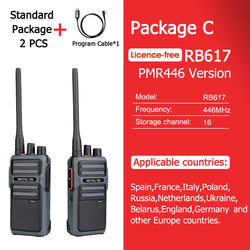 RETEVIS Walkie Talkie PMR RB617 Two-way Radio ht Communicator RB17 PTT Walkie-Talkies 2 pcs 4400mAh for Hunting Hotel Restaurant