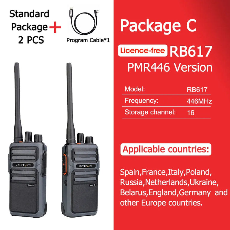 RETEVIS Walkie Talkie PMR RB617 Two-way Radio ht Communicator RB17 PTT Walkie-Talkies 2 pcs 4400mAh for Hunting Hotel Restaurant