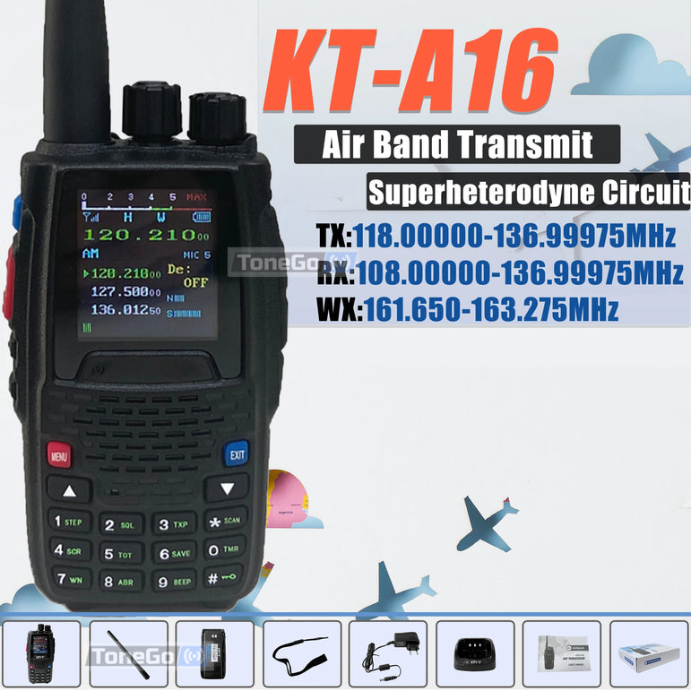 Air Band Transmit KT-A16 Walkie Talkie TX:108.000-136.999MHz RX:108.0000-136.999MHz 6W 200Ch W/10 NOAA Weather Forecast Channels