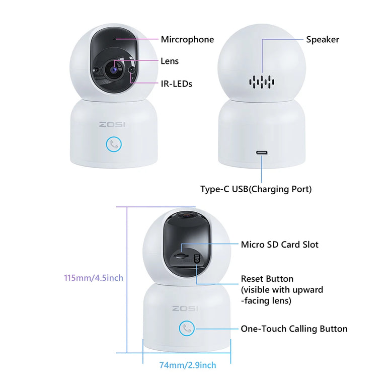 ZOSI C518 Indoor Pan/Tilt Smart Security IP Camera 2K 360° Baby Pet Monitor AI Human Tracking 2.4G/5G WiFi Surveillance Camera