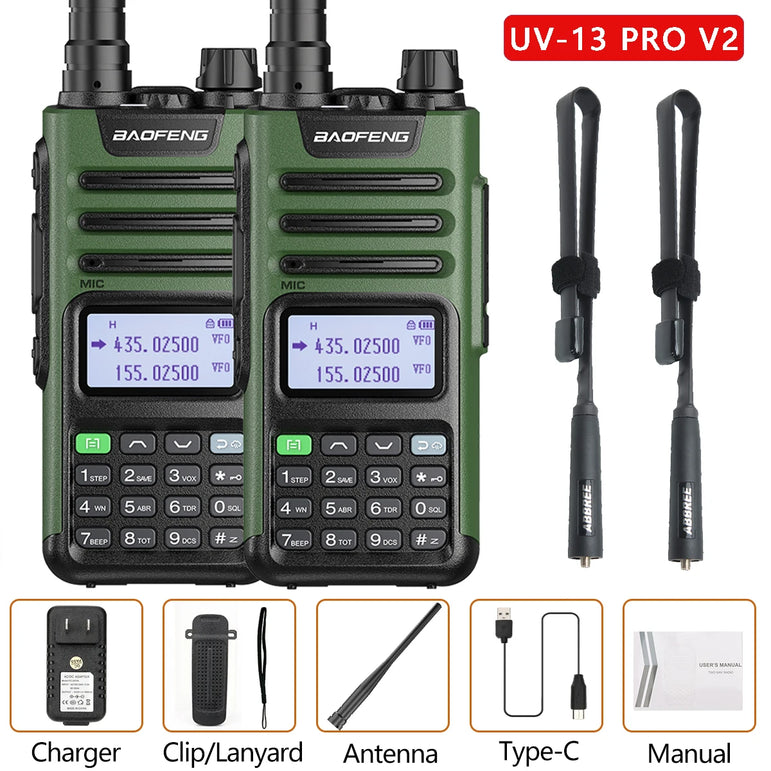 2PCS BAOFENG UV13 Pro V2 10W Waterproof Walkie Talkie UHF/VHF Dual Band UV13PRO with Typ-C Cable Upgrade of UV-10R Two Way Radio