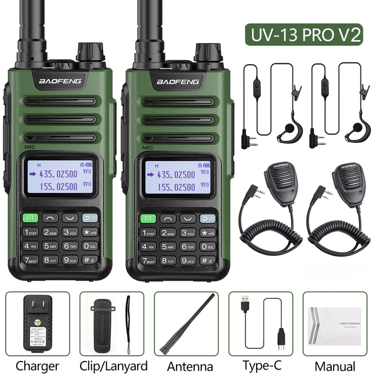 2PCS BAOFENG UV13 Pro V2 10W Waterproof Walkie Talkie UHF/VHF Dual Band UV13PRO with Typ-C Cable Upgrade of UV-10R Two Way Radio