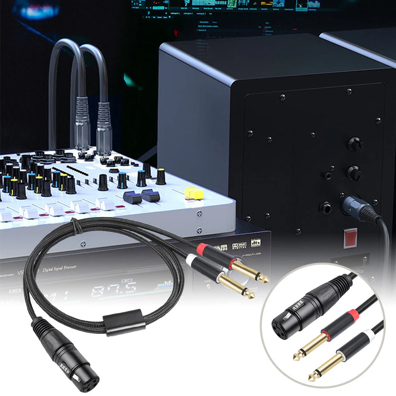 Gold Plated 3 Pin XLR Female To Dual 6.35mm Mono TS Male Cable for Microphone Mixer Amplifier 1 to 3 Meter Options