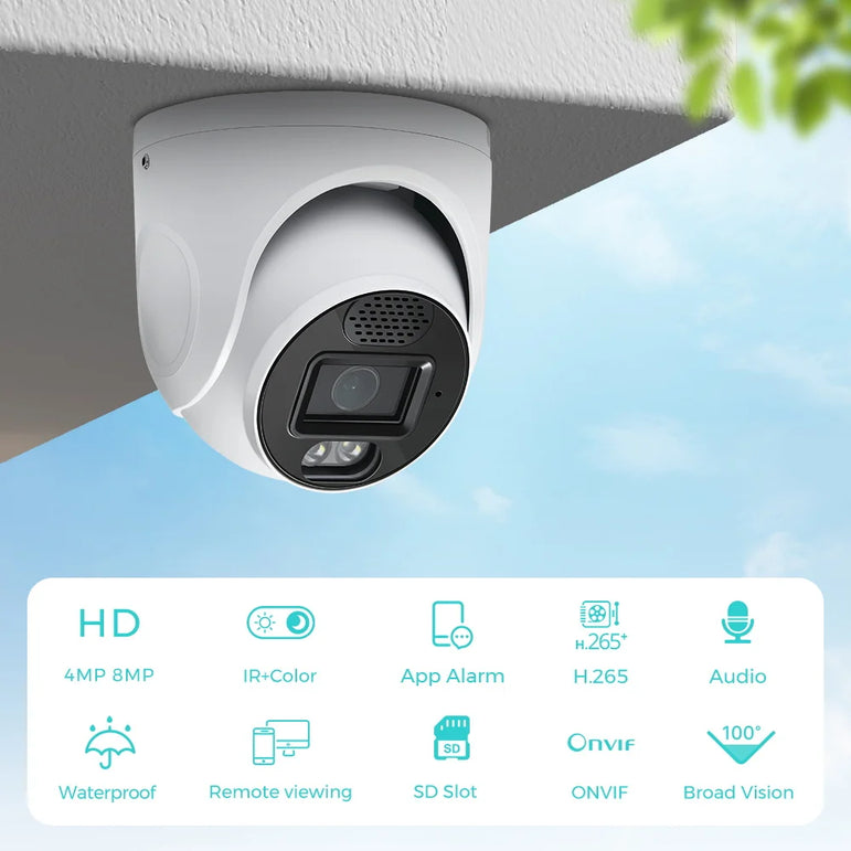 POE 4K 8MP IP Camera Outdoor Wide Angle 2.8mm Audio Onvif H.265 AI Humanoid detection Home CCTV Surveillance Camera SD Card Slot