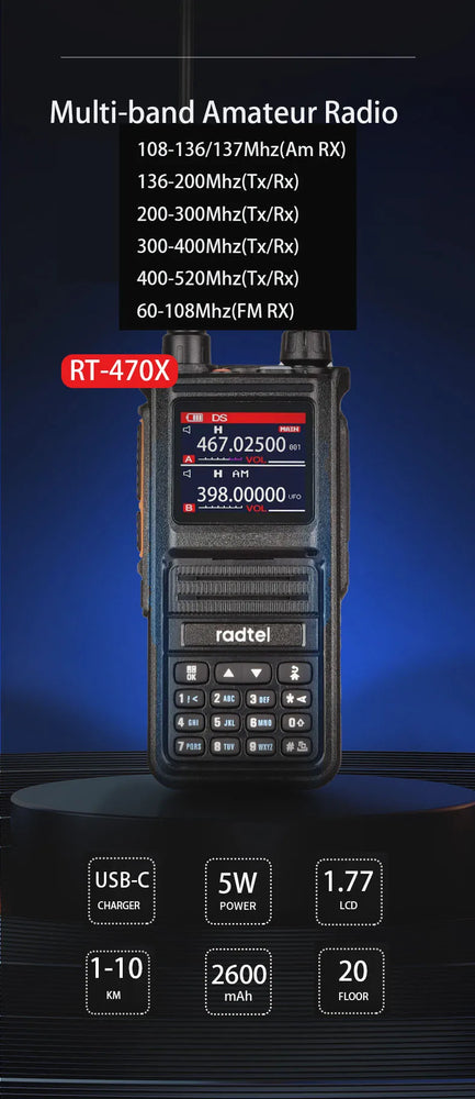 Radtel RT-470X Full Band Ham Radio 256 Channel Air Band Two Way Radio USB-C Aviation NOAA Police Marine Amateur HT Scanner Roger