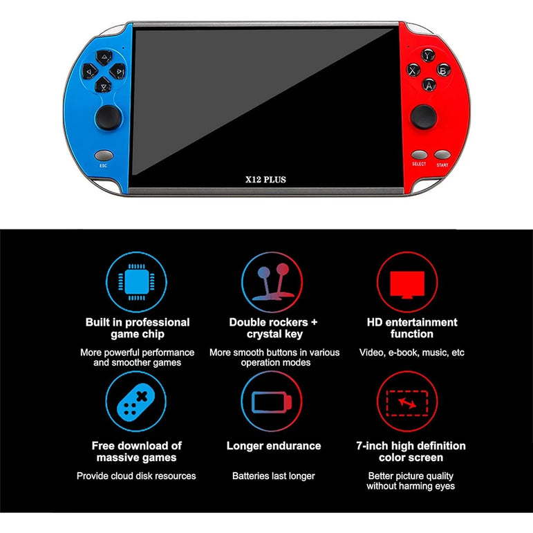 X12 Plus Handheld Game Console 7.1 inch HD Screen Handheld Portable Video Player Built-in 10,000 Classic Video Games Console