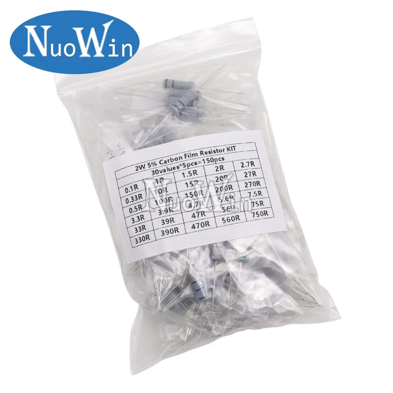 150PCS/300PCS 1W 2W 3W 5W 30Values Carbon Film Resistor Assortment Kit 5% Resistance Set 0.1R-750R 1K-820K ohms DIY Pack