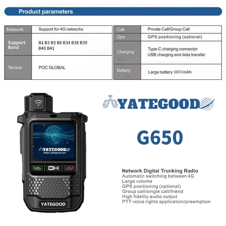YATEGOOD G650 Walkie Talkie No distance limit Intercom Long standby Portable More than 5000KM 4G 5G