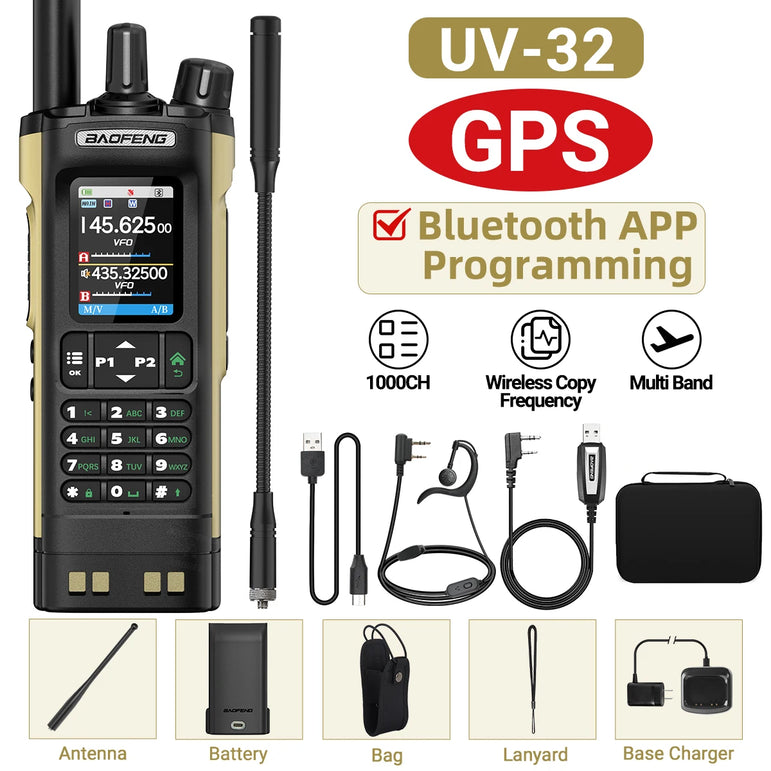 BAOFENG UV-32 Walkie Talkie GPS Multi Band 10W Bluetooth Wireless Programming Copy Frequency 1000CH Long Range Ham Two Way Radio