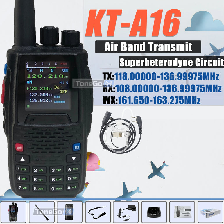 Air Band Transmit KT-A16 Walkie Talkie TX:108.000-136.999MHz RX:108.0000-136.999MHz 6W 200Ch W/10 NOAA Weather Forecast Channels