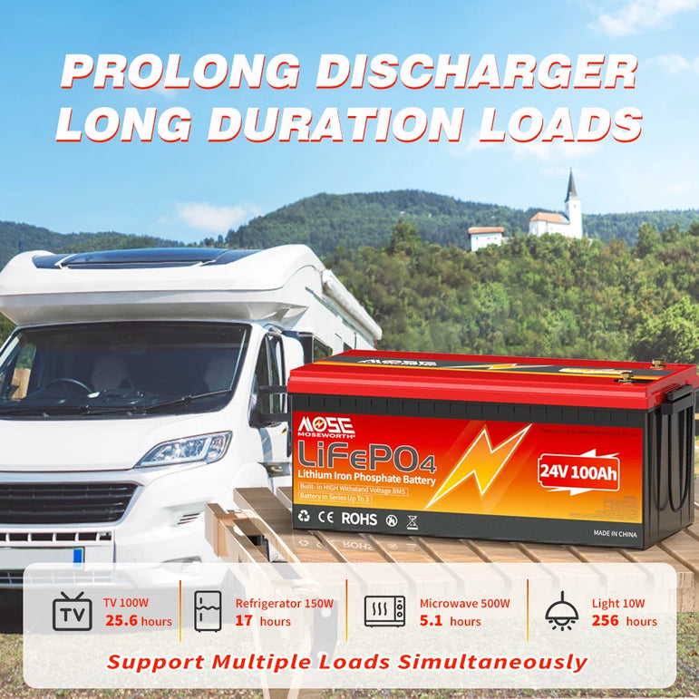 MOSEWORTH 24V 100Ah LiFePO4 Lithium Battery with 100A BMS 8000+ Deep Cycles Rechargeable Batteries for  Campers Trolling Motor