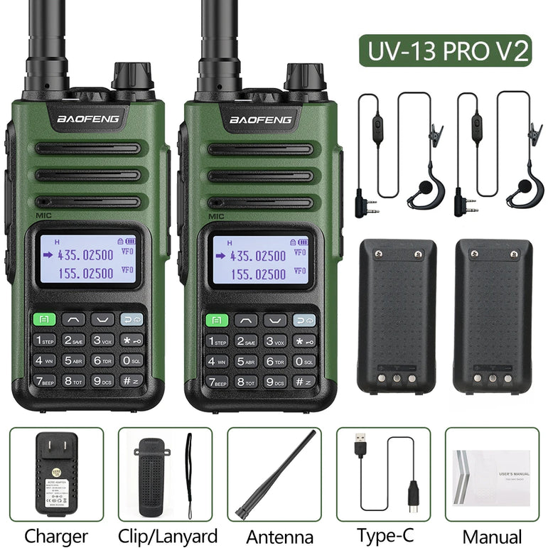 2PCS BAOFENG UV13 Pro V2 10W Waterproof Walkie Talkie UHF/VHF Dual Band UV13PRO with Typ-C Cable Upgrade of UV-10R Two Way Radio