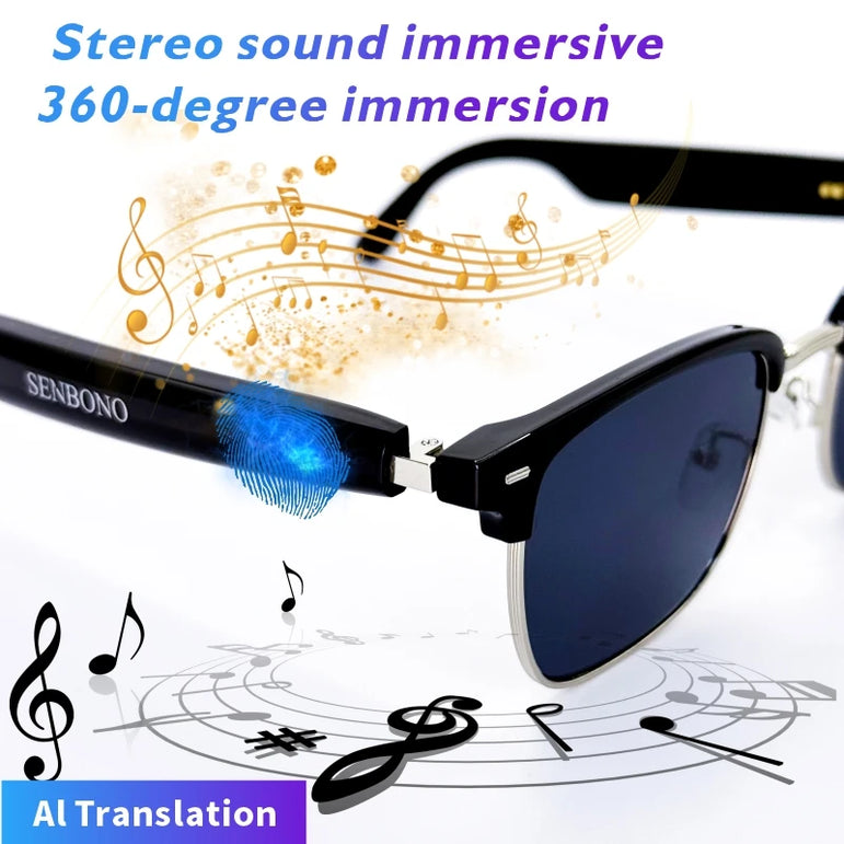 SENBONO Smart Glasses AI Translation Glasses 100+ Languages Real-time Translation Bluetooth Music Built-in Mic & Speakers