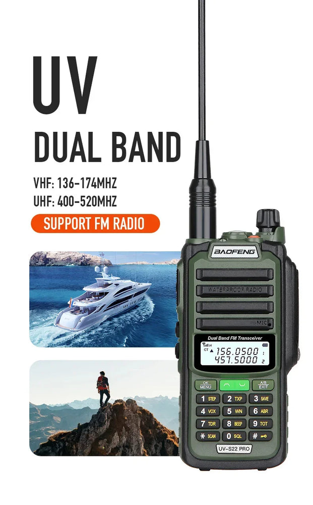 Baofeng UV-S22 PRO V2 IP68 Waterproof Walkie Talkie Dual Band 136-174/400-520MHz Ham Radio 10W Power 50KM Range 128CH FM Radio