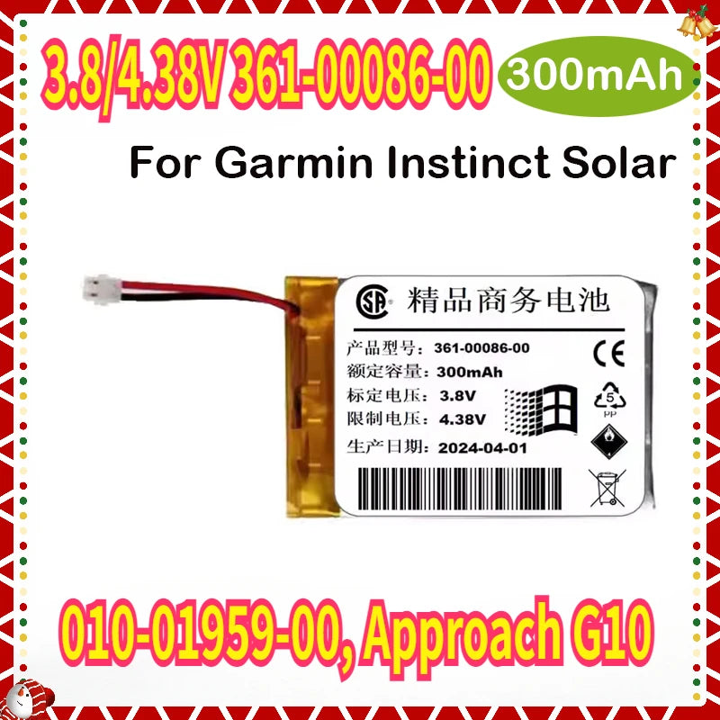300mAh 3.8/4.38V 361-00086-00 Watch Battery for Garmin 010-01959-00, Approach G10 Instinct Solar