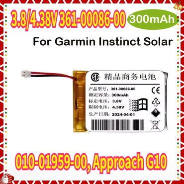 300mAh 3.8/4.38V 361-00086-00 Watch Battery for Garmin 010-01959-00, Approach G10 Instinct Solar