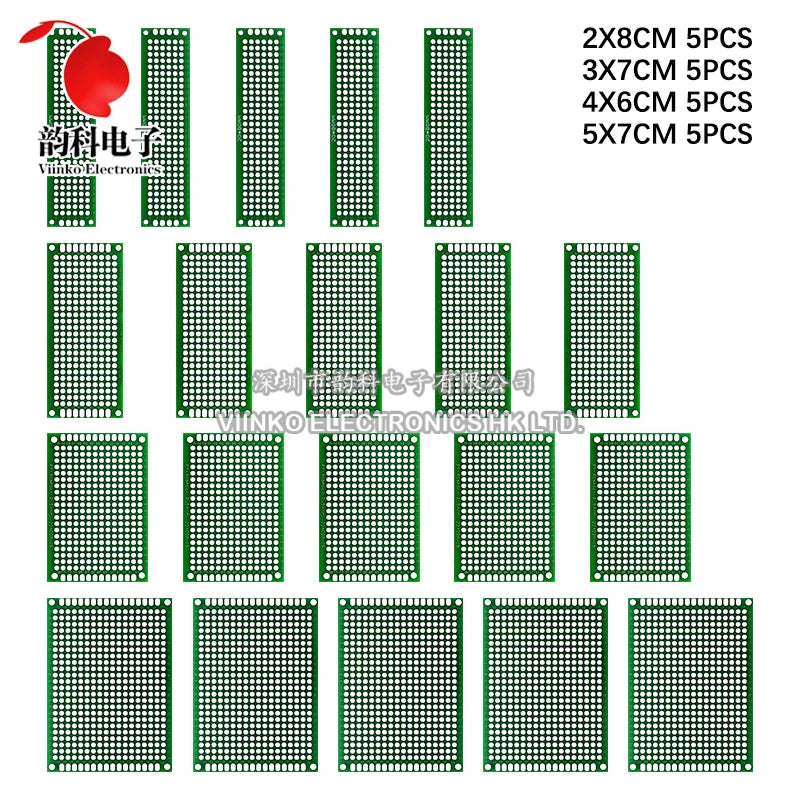 20pcs Double Side PCB Kit 2X8 3X7 4X6 5X7 5Pcs Each Mixed Prototype Board Circuit Protoboard Universal Stripboard Printed
