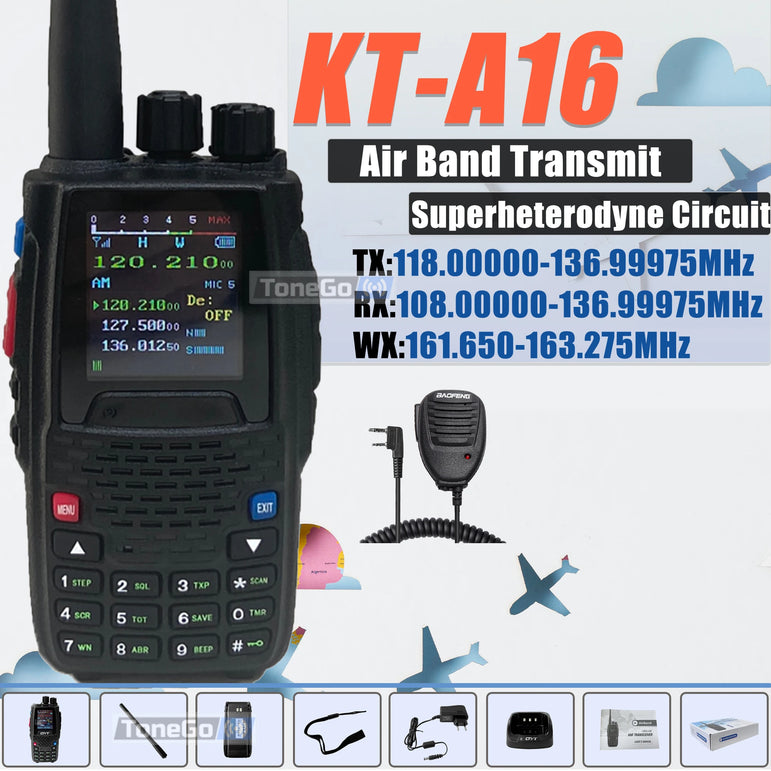 Air Band Transmit KT-A16 Walkie Talkie TX:108.000-136.999MHz RX:108.0000-136.999MHz 6W 200Ch W/10 NOAA Weather Forecast Channels