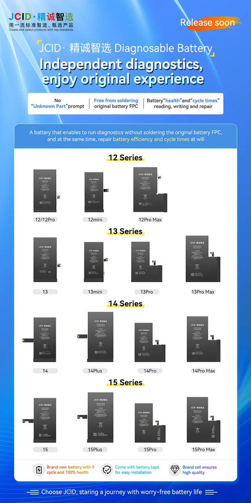 JCID Diagnostic Battery High Capacity For Iphone 12 13 14 100% Heath Visible New 0-cycle No Pop Up Used Genuine Parts On IOS 18