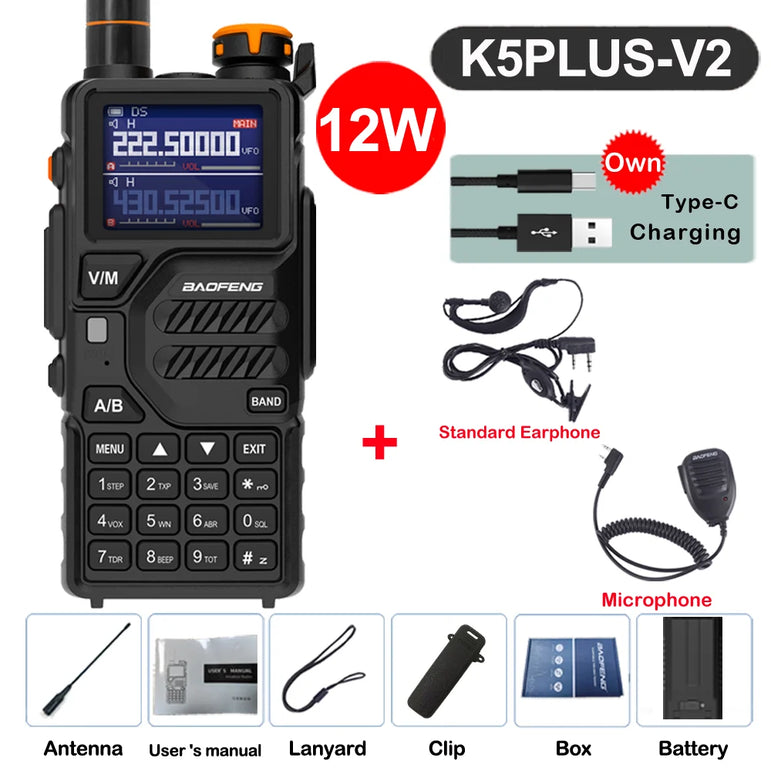 Baofeng 12W UV K5 Plus V2 Walkie Talkie Air Band AM Two Way Comumicador Station Amateur Ham Wireless Receiver Portable Radios