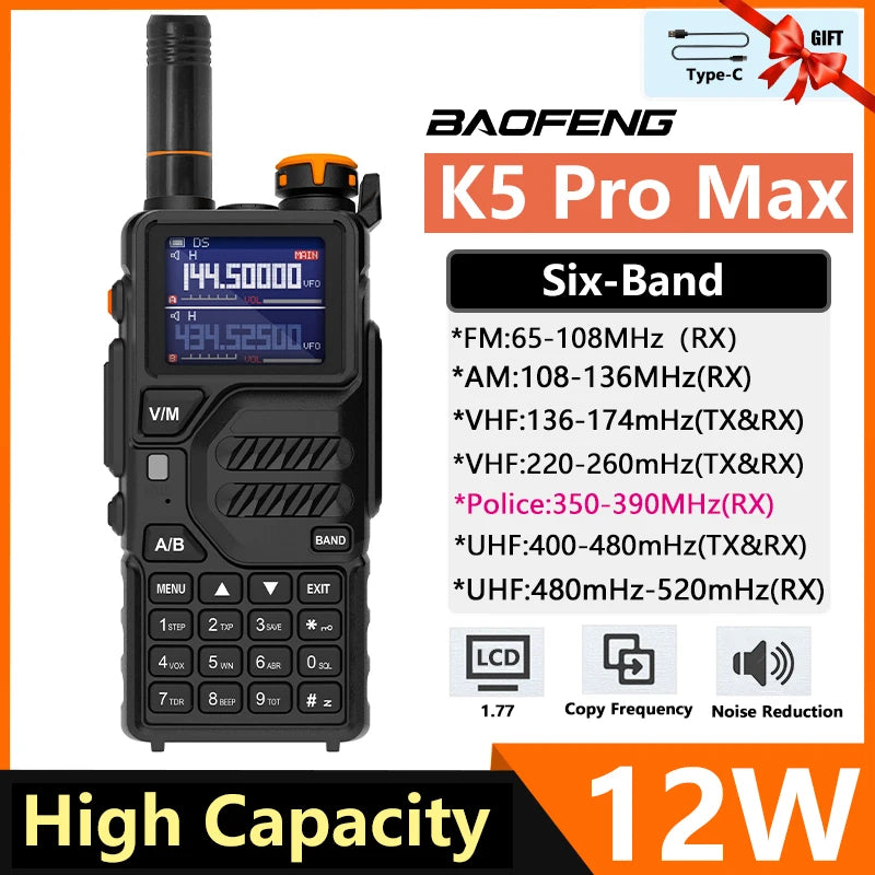 Baofeng K5 Pro Max Walkie Talkie 12W High Capacity UHF VHF AM FM Two Way Radio UVK5 Full Band LCD Noise Reduction DTMF Ham Radio