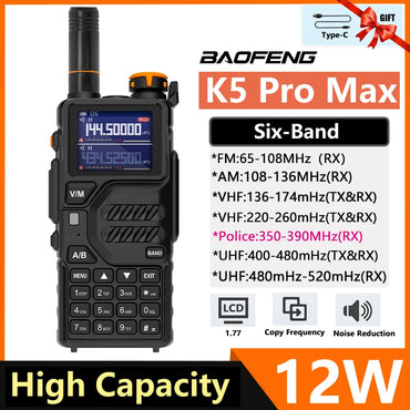 Baofeng K5 Pro Max Walkie Talkie 12W High Capacity UHF VHF AM FM Two Way Radio UVK5 Full Band LCD Noise Reduction DTMF Ham Radio