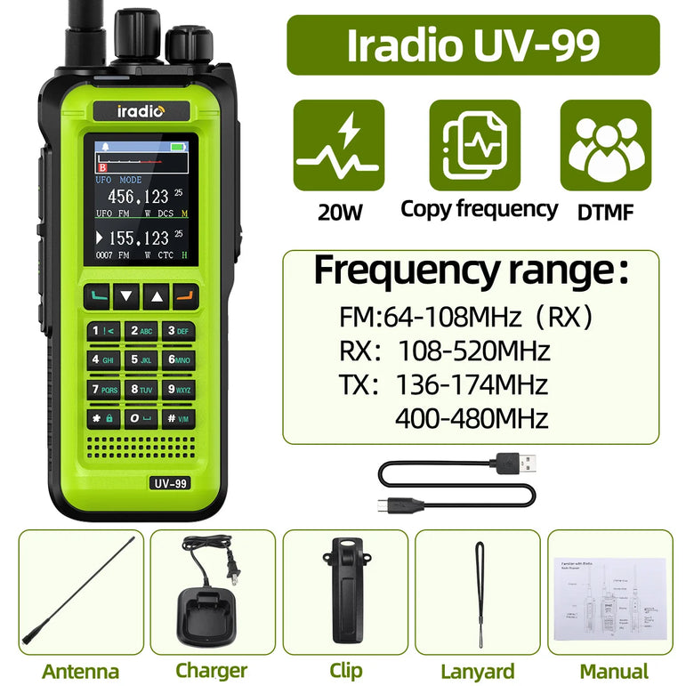 Iradio UV-99 20W Air Band Walkie Talkie Mutli Band High Power FM NOAA 1024CH Wireless Copy Frequency Long Range Type-C Ham Radio