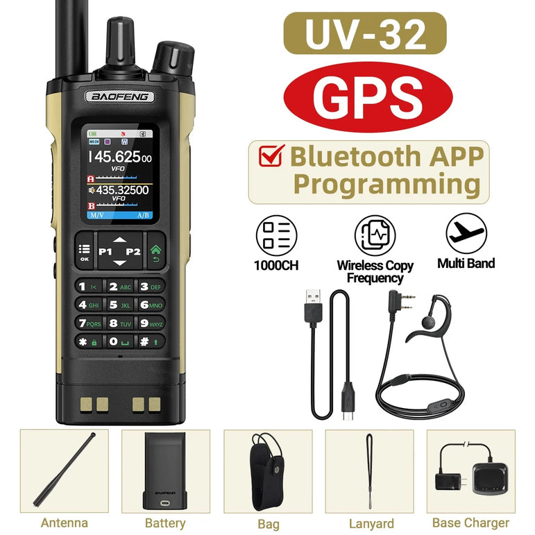 BAOFENG UV-32 Walkie Talkie GPS Multi Band 10W Bluetooth Wireless Programming Copy Frequency 1000CH Long Range Ham Two Way Radio