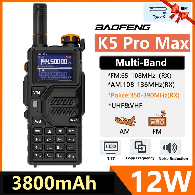 Baofeng K5 Pro Max Walkie Talkie 12W High Capacity UHF VHF AM FM Two Way Radio UVK5 Full Band LCD Noise Reduction DTMF Ham Radio