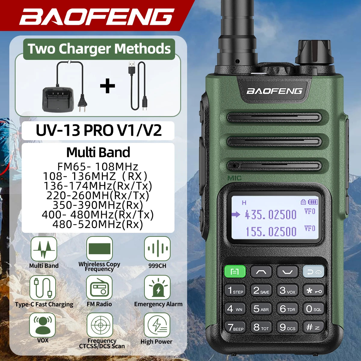 BaoFeng M-13 PRO V1 V2 High Power Multi Band Walkie Talkie Type C Charger Long Range Upgraded UV-13 PRO V1 V2 Ham Two Way Radio