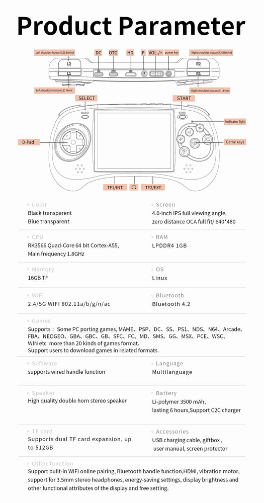 ANBERNIC RG ARC-S/RG ARC-D Retro Handheld Game Console 4.0" Six Button Design Gaming Console Support Wired Handle HD-compatible
