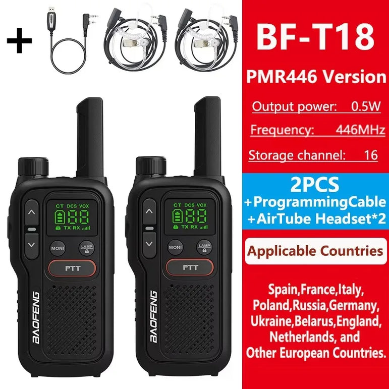Baofeng BF-T18 PMR446 Walkie Talkie Type-C Charge European 446MHz 16 Channels Long Range Upgraded BF-T20 Mini Two Way Ham Radios