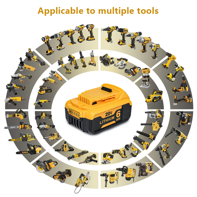 For Dewalt Cordless Tools 6.0Ah 20V Lithium-Ion Replacement Batteries - Compatible with DCB200, DCB205, DCB206 & More