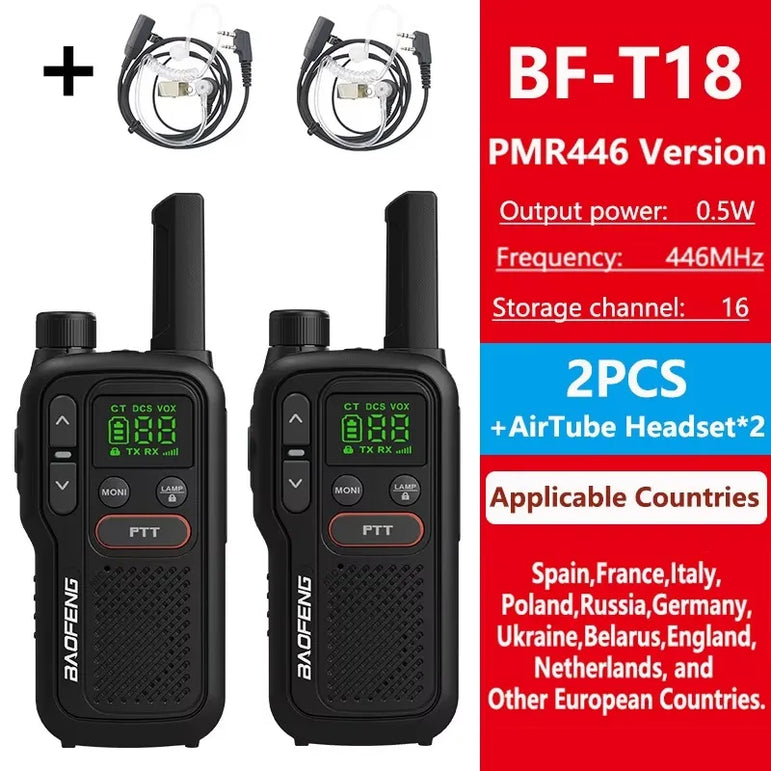Baofeng BF-T18 PMR446 Walkie Talkie Type-C Charge European 446MHz 16 Channels Long Range Upgraded BF-T20 Mini Two Way Ham Radios