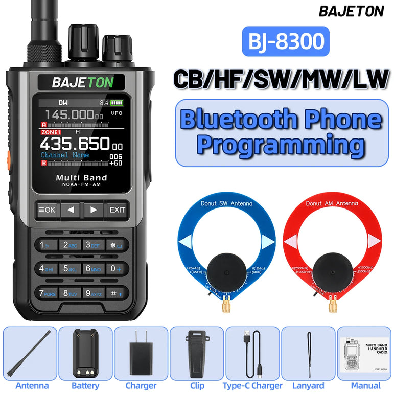 BAJETON BJ-8300 Ham Radio SW AM SSB CB Amateur Wireless Bluetooth Phone Programming Walkie Talkie NOAA Handheld Two Way Radio