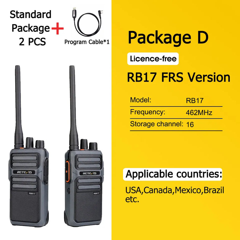 RETEVIS Walkie Talkie PMR RB617 Two-way Radio ht Communicator RB17 PTT Walkie-Talkies 2 pcs 4400mAh for Hunting Hotel Restaurant