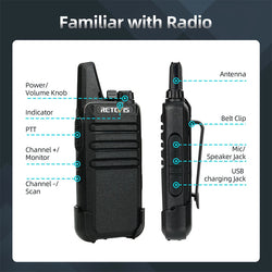 RETEVIS 2 pcs Mini Walkie Talkie PMR 446 Portable Two-way Radio ht PTT Walkie-talkies RT622 Portable Radio for Hunting Cafe RT22