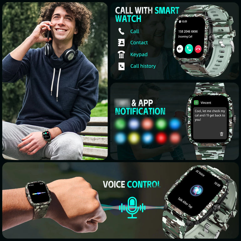 LaNikar Smart Watch 3ATM Waterproof Men 1.96" KT71 Fitness Tracker Heart Rate Bluetooth Call Camouflage Color Original Design