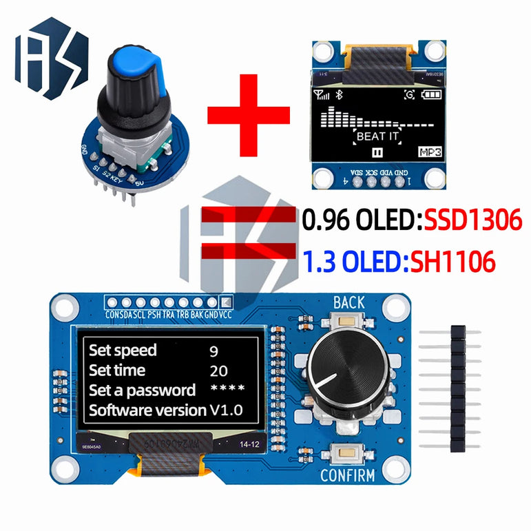 0.96/1.3 inch white oled display screen combined with EC11 rotary encoder module IIC interface for arduino