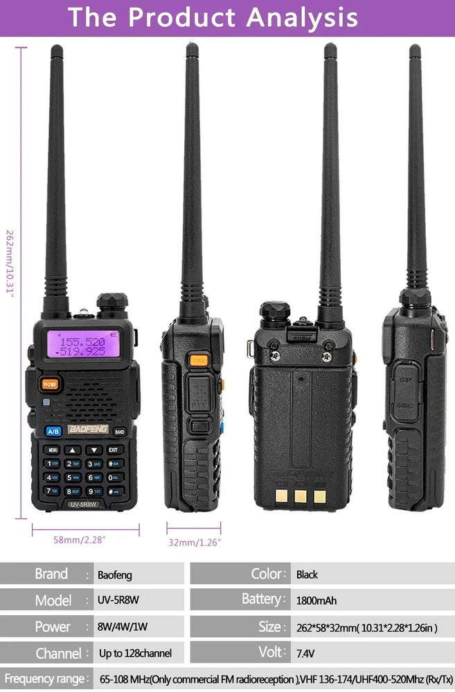 1/2PCS BaoFeng UV-5R 8W Tri-Power Walkie Talkie High Power Dual Band Long Range 128 CH Portable Handheld UV 5R Ham Two Way Radio