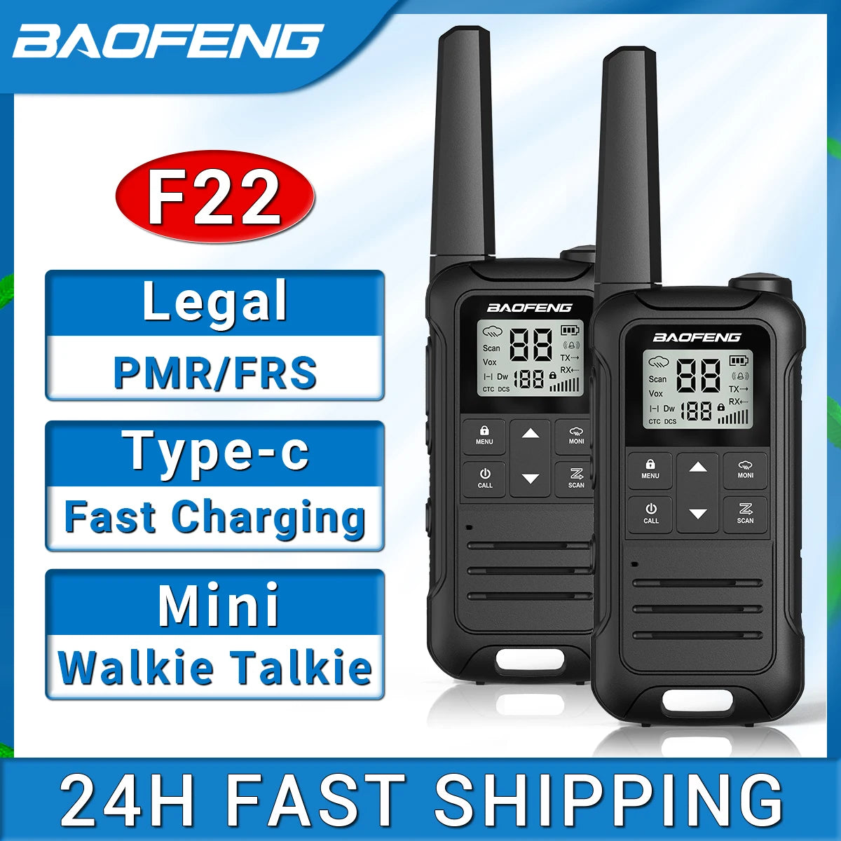 2pcs Baofeng F22 Mini PTT Walkie Talkie PMR FRS Portable LCD Display Two-way Radio Support Type-C Charger For Hunting Camping