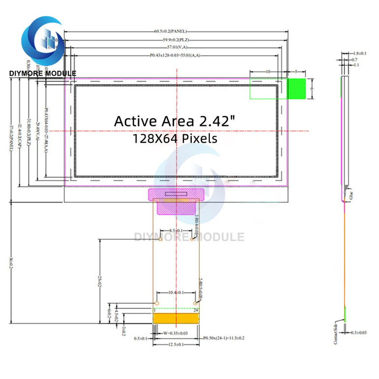 2.42 1.54 Inch OLED Monochrome Display SSD1309 Resolution 23pin SPI Dot Matrix 128*64 Yellow/Blue/Green/White LCD Screen