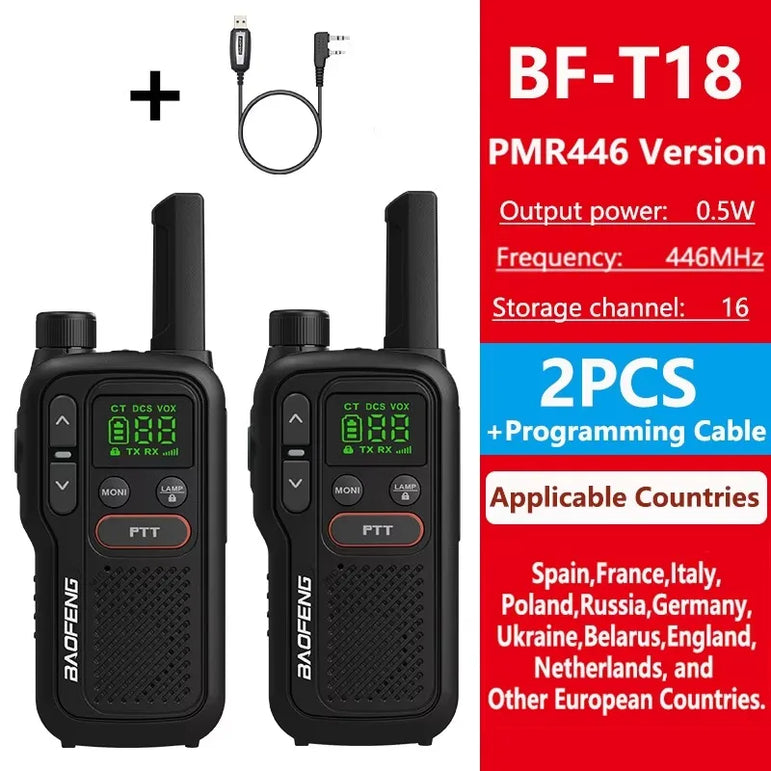 Baofeng BF-T18 PMR446 Walkie Talkie Type-C Charge European 446MHz 16 Channels Long Range Upgraded BF-T20 Mini Two Way Ham Radios