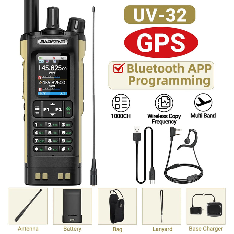 BAOFENG UV-32 Walkie Talkie GPS Multi Band 10W Bluetooth Wireless Programming Copy Frequency 1000CH Long Range Ham Two Way Radio