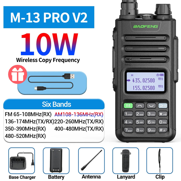 BaoFeng M-13 PRO V1 V2 High Power Multi Band Walkie Talkie Type C Charger Long Range Upgraded UV-13 PRO V1 V2 Ham Two Way Radio