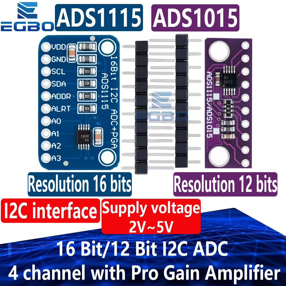 1PCS~10PCS EGBO 12 Bit/16 Bit I2C ADS1115 ADS1015  Module ADC 4 channel with Pro Gain Amplifier for Arduino RPi Purple Blue