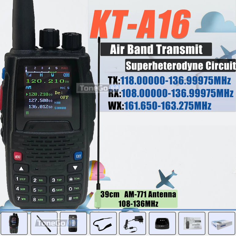 Air Band Transmit KT-A16 Walkie Talkie TX:108.000-136.999MHz RX:108.0000-136.999MHz 6W 200Ch W/10 NOAA Weather Forecast Channels