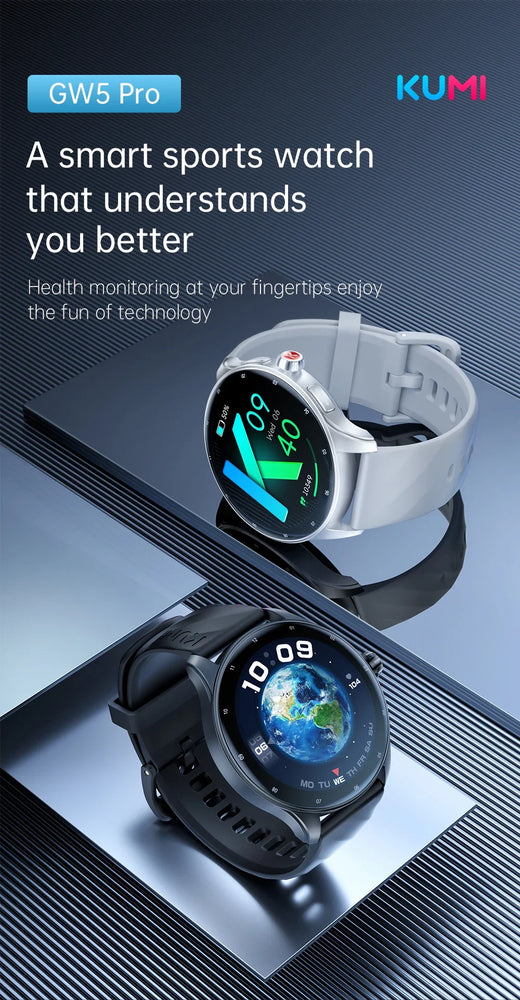 KUMI GW5 Pro Smartwatch 1.43" AMOLED IP68 Waterproof Bluetooth 5.2 Fitness Tracker Heart Rate Blood Oxygen Monitor