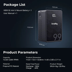 SmallRig VB99 SE mini V-Mount Battery 99Wh / 6800mAh V Mount Battery with PD65W USB-C Fast Charging for Camera Camcorder Monitor